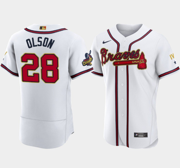 Men's Atlanta Braves #28 Matt Olson 2022 White/Gold World Series Champions Program Flex Base Stitched Baseball Jersey Men's Atlanta Braves #28 Matt Olson 2022 White/Gold World Series Champions Program Flex Base Stitched Baseball Jersey